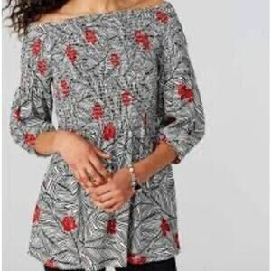 J. Jill Smocked Peasant Top Black White Red Floral S EUC